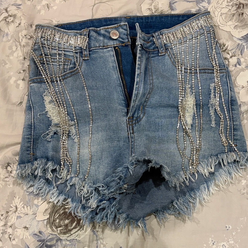 SHEIN Blue Distressed Jean Shorts with Silver Embellishments